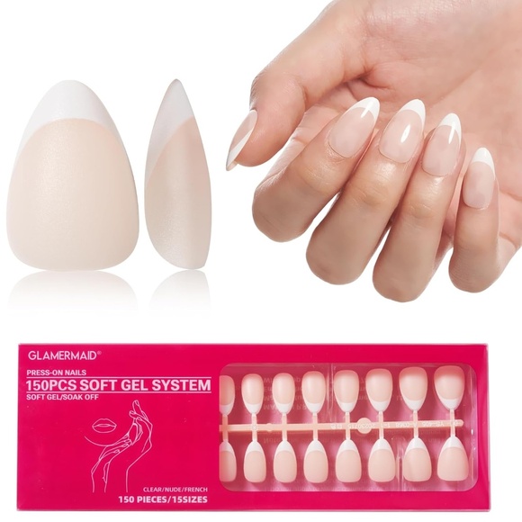 150 Pieces French Tip Nude and White Short Almond Press On Nails - Picture 1 of 5